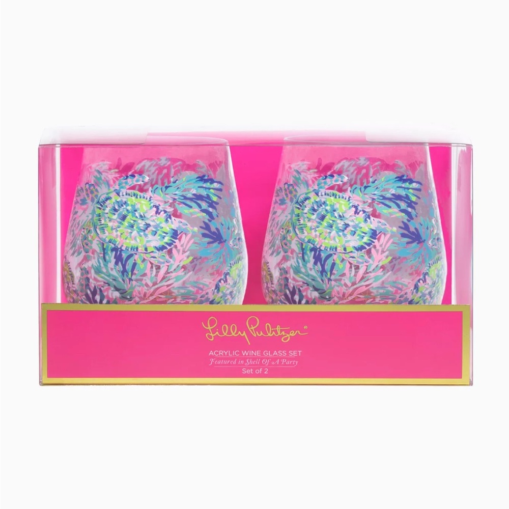 Lilly Pulitzer Pink Tropical Print Acrylic Wine Glasses - Set of 2